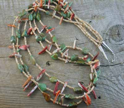 Native American Necklace Melon Shell, Spiny, Turquoise 3-Strand